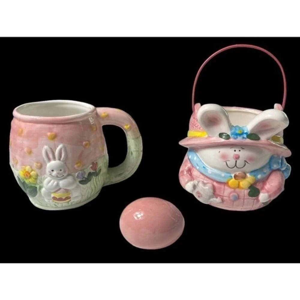 Vintage 2004 Ceramic Easter Bunny Mug Bunny Basket Jar Pink‎ Egg Collectibles